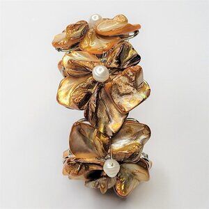 Orange Adjustable Cuff Bracelet with with Dyed Shell Petals & Pearls Bangle
